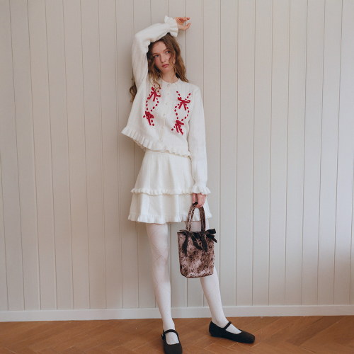 Cest_Ruffle velvet bow knit кардиган