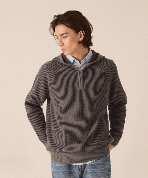 Two-tone Rib hooded knit -2color