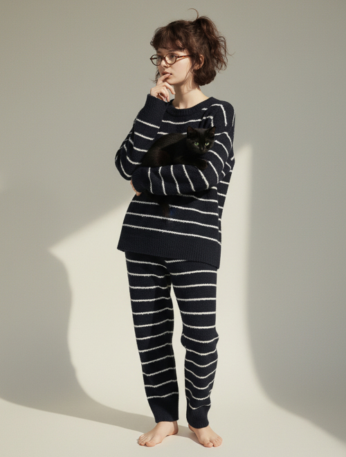 флис Stripe Two-Piece Pajama Set Navy