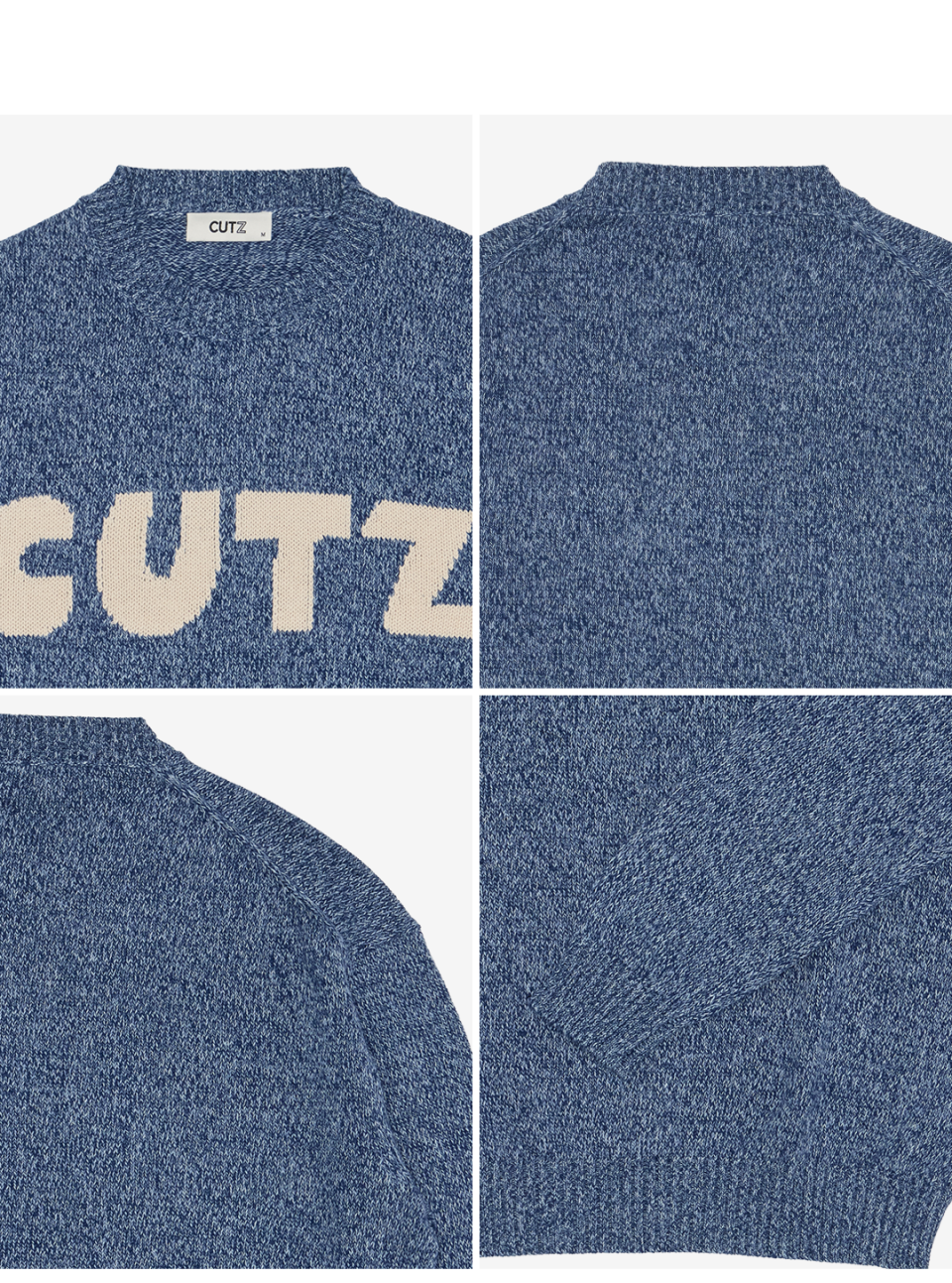 블루 컬러 트위드 니트의 라운드 넥라인과 로고, 소매 립 디테일입니다.