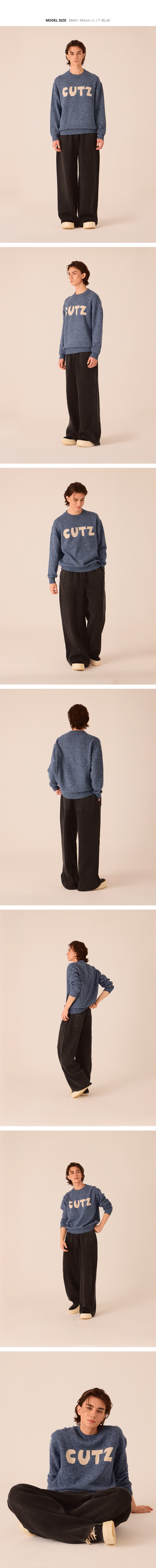 블루 컬러 트위드 라운드 니트를 착용한 남성 모델의 다양한 착용 이미지입니다.