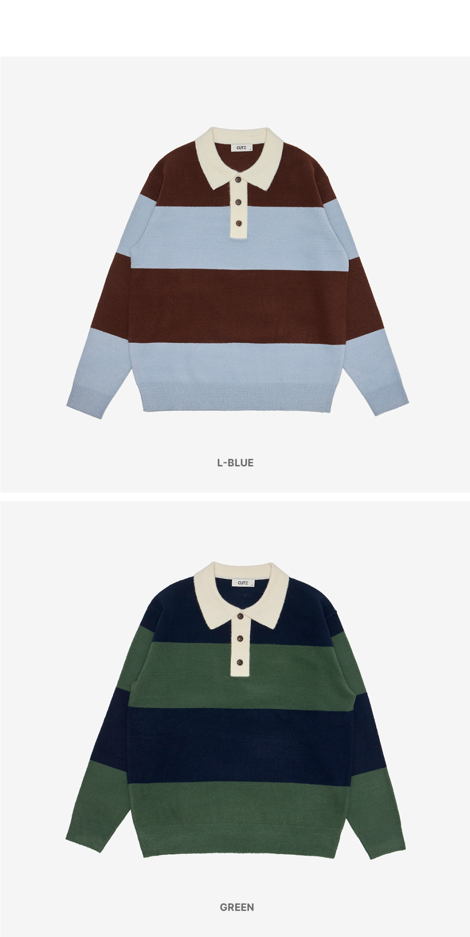 스트라이프 버튼 카라 니트 컬러 옵션 이미지 (라이트 블루, 그린)입니다.