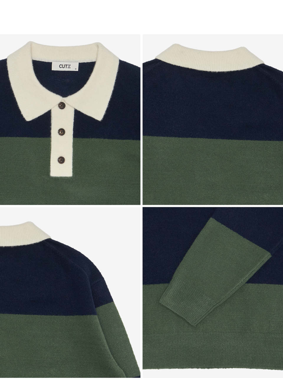 그린 컬러 스트라이프 버튼 카라 니트의 버튼 넥라인과  스트라이프 배색, 소매 립 디테일입니다.