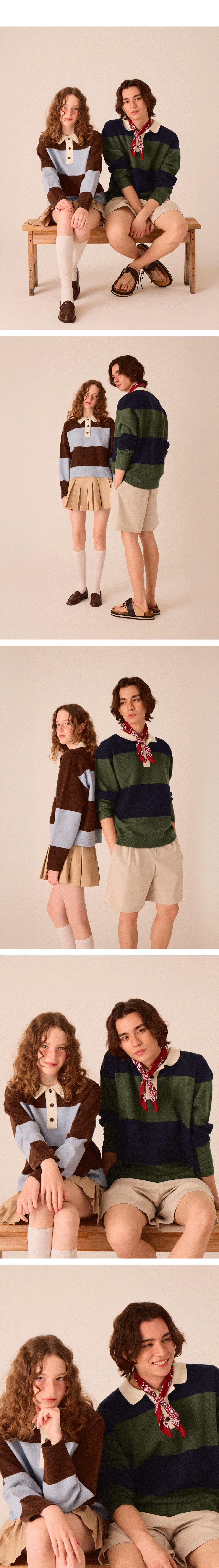 그린과 라이트 블루 컬러 스트라이프 버튼 카라 니트를 착용한 남녀 모델의 스탠딩 및 포즈 착용 이미지입니다.