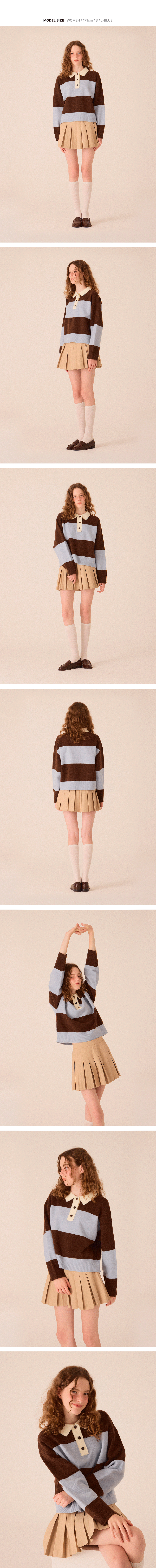 라이트 블루 컬러 스트라이프 버튼 카라 니트를 착용한 여성 모델의 다양한 착용 이미지입니다.