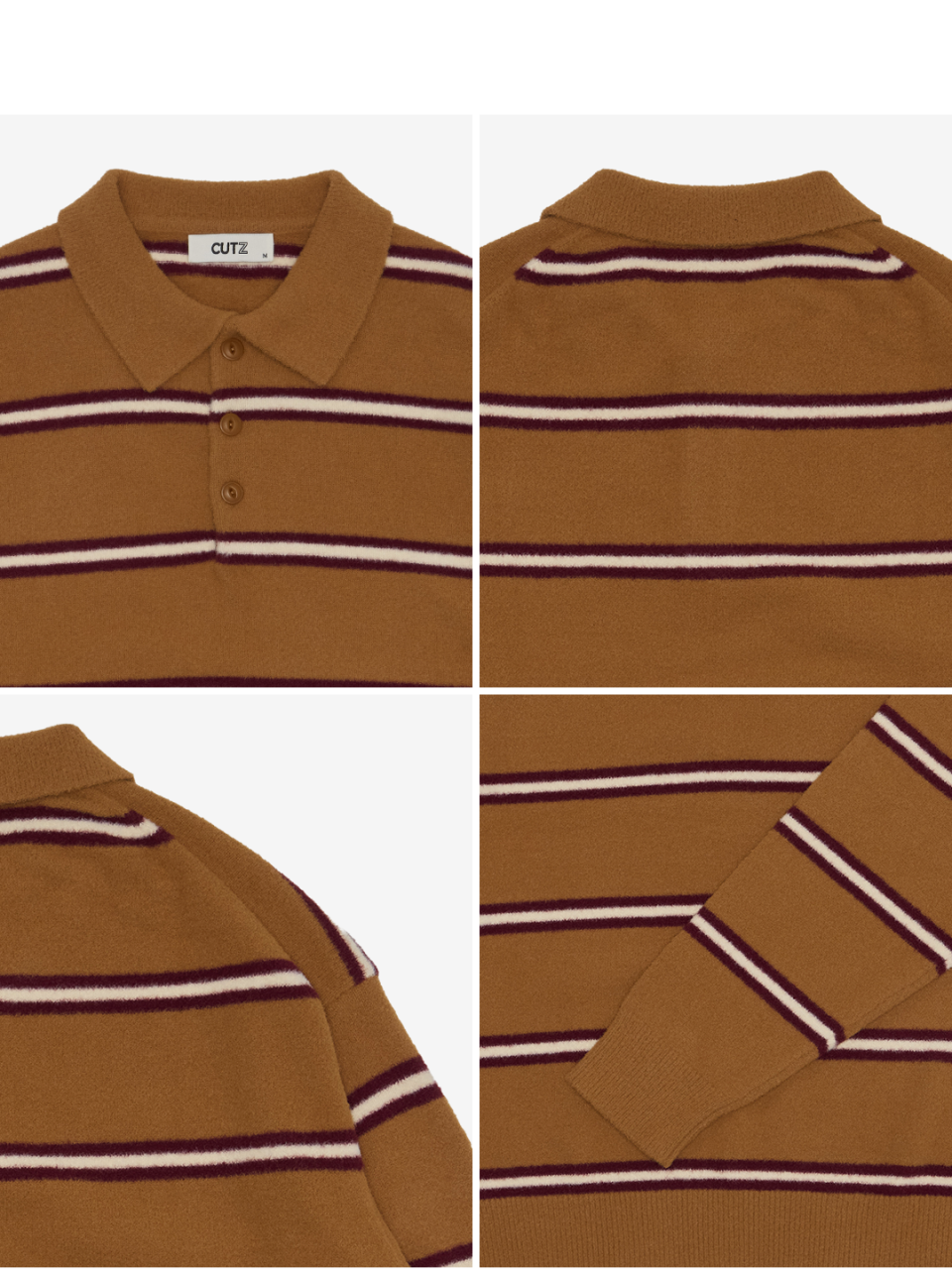 베이지 컬러 헤어리 스트라이프 카라 니트의  카라넥라인과 스트라이프 패턴과 헤어리 소재감, 소매 립 디테일입니다.