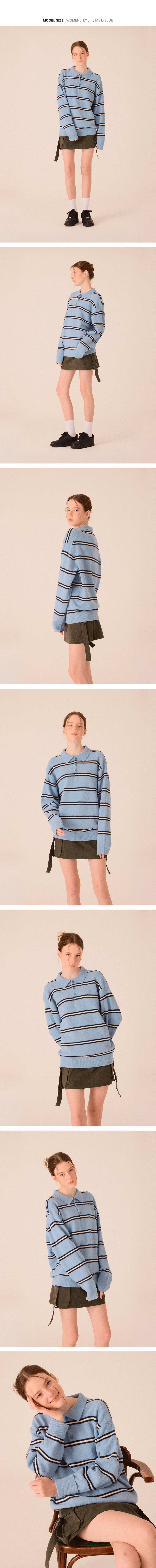 라이프 블루 컬러 헤어리 스트라이프 카라 니트를 착용한 여성 모델의 다양한 착용 이미지입니다.