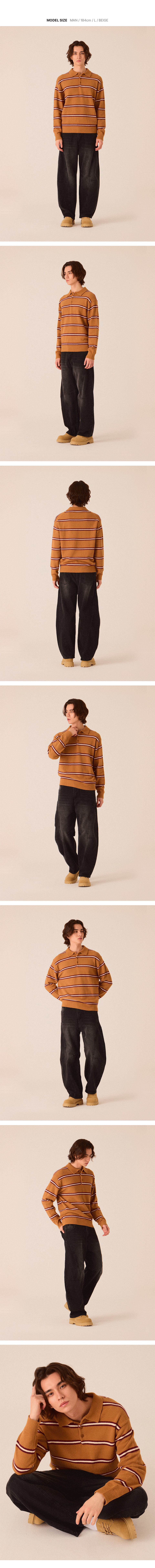 베이지 컬러 헤어리 스트라이프 카라 니트를 착용한 남성 모델의 다양한 착용 이미지입니다.