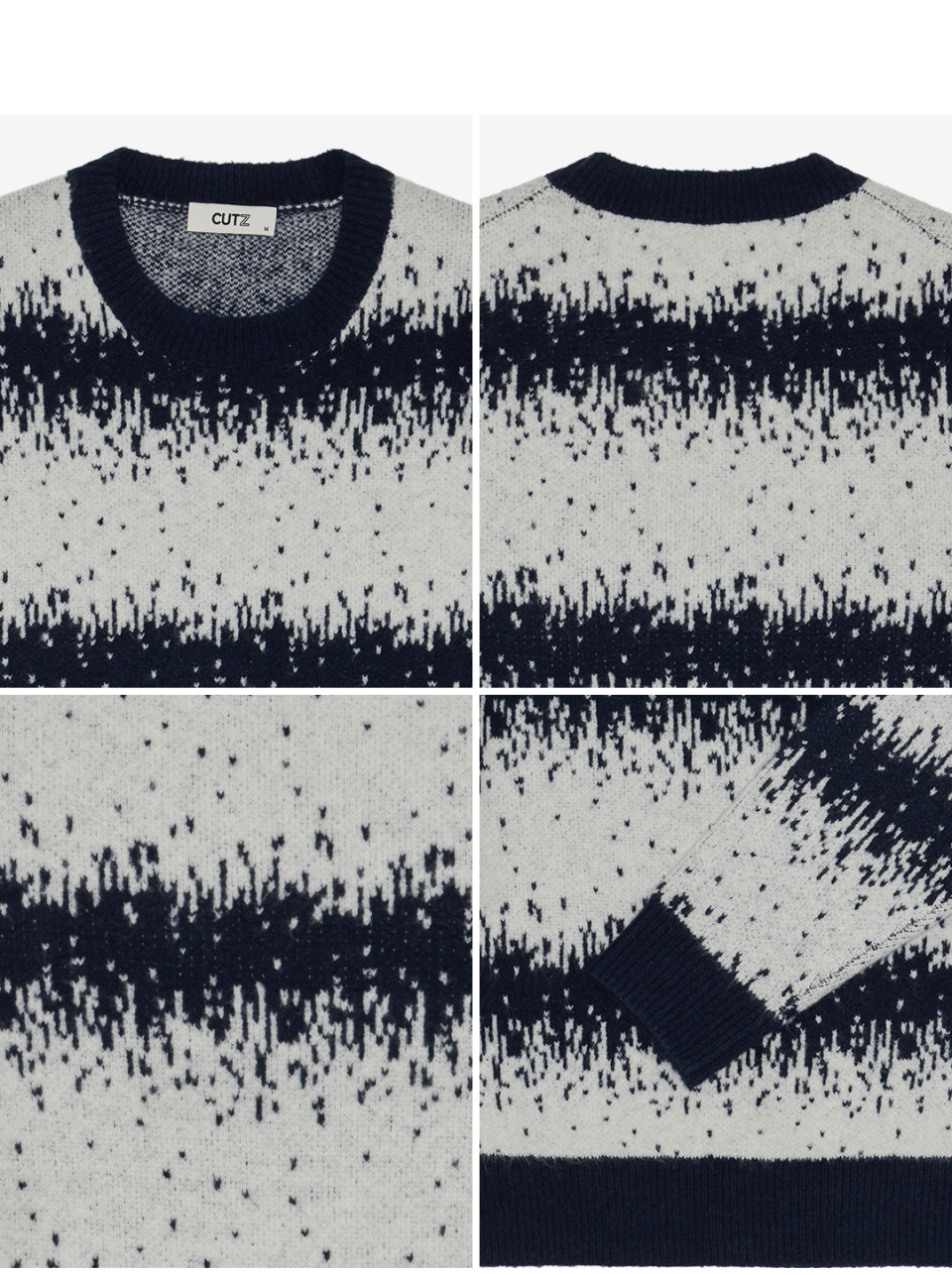 네이비 컬러 자카드 스노우 니트의 라운드 넥라인과 스노우 패턴 자카드, 소매 립 디테일입니다.