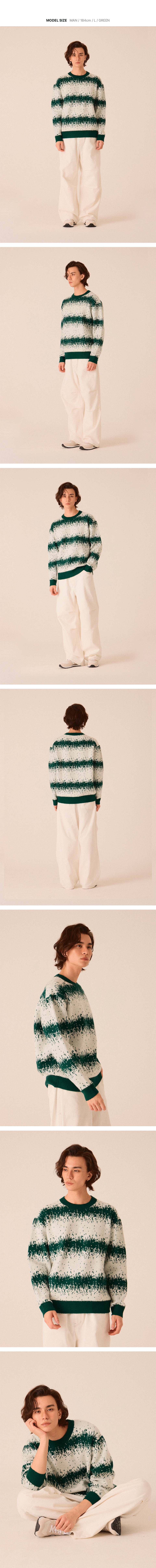 그린 컬러 자카드 스노우 니트를 착용한 남성 모델의 다양한 착용 이미지입니다.