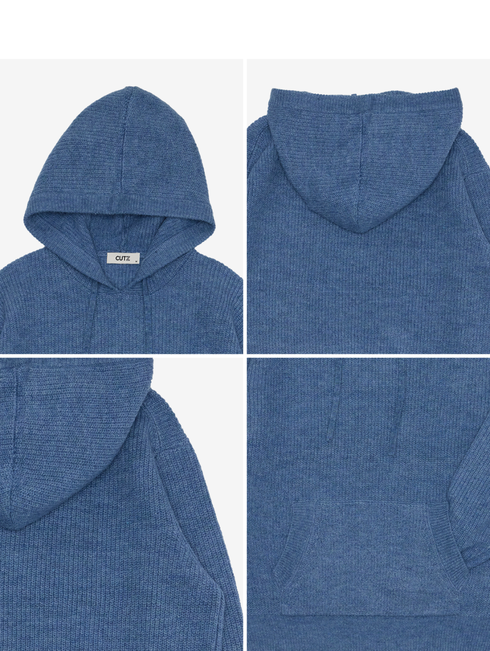 멜란지 블루 컬러소프트  후디 니트의 후드 디테일과 하찌 조직, 소매 립 디테일입니다.