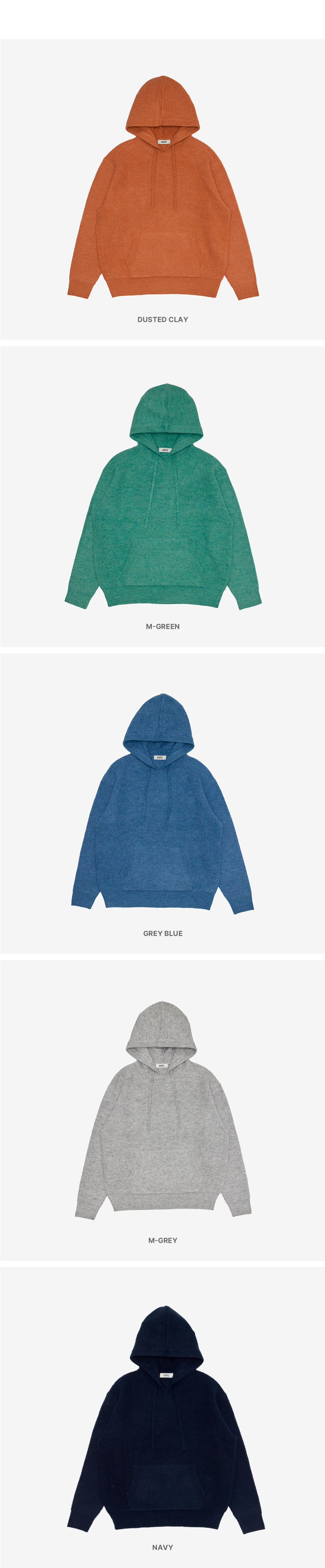  소프트 캐주얼 후디 니트 컬러 옵션 이미지 (더스트 클레이, 멜란지 그린, 멜란지 블루,멜란지 그레이,네이비)입니다.