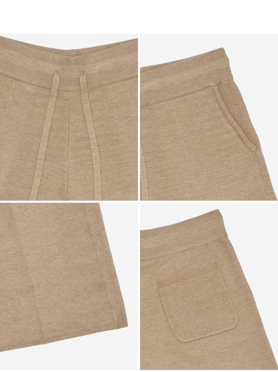라이트 베이지 컬러 버뮤다 니트 팬츠의 허리&주머니 디테일 , 밀라노 조직,밑단 디테일입니다.