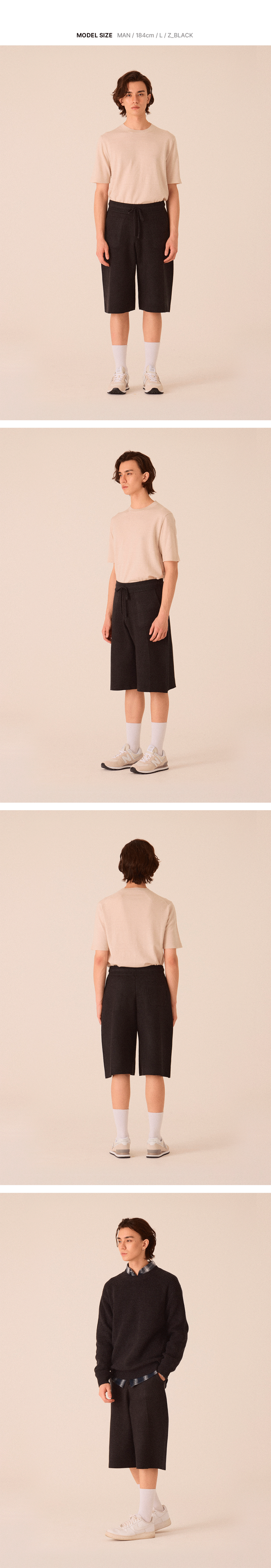 차콜 컬러  버뮤다 니트 팬츠를 착용한 남성 모델의 다양한 착용 이미지입니다.