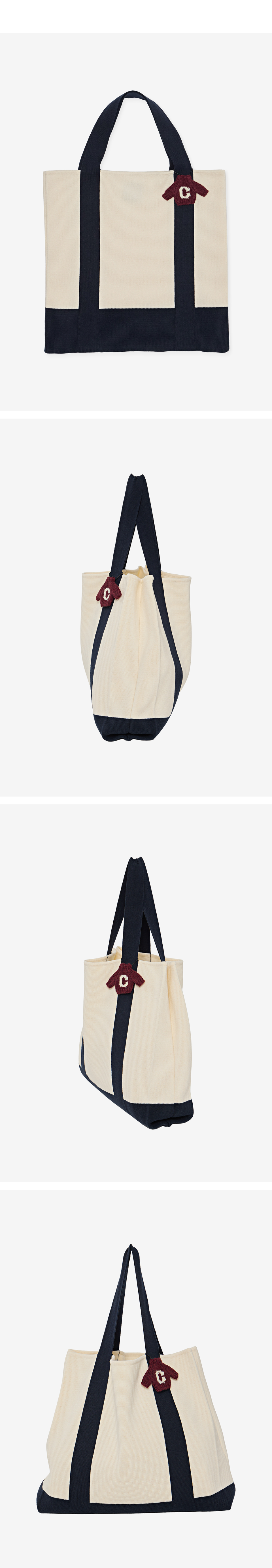 아이보리와 네이비 컬러 배색의 캔버스 키링 니트 에코백 정면·측면·후면 컷입니다.