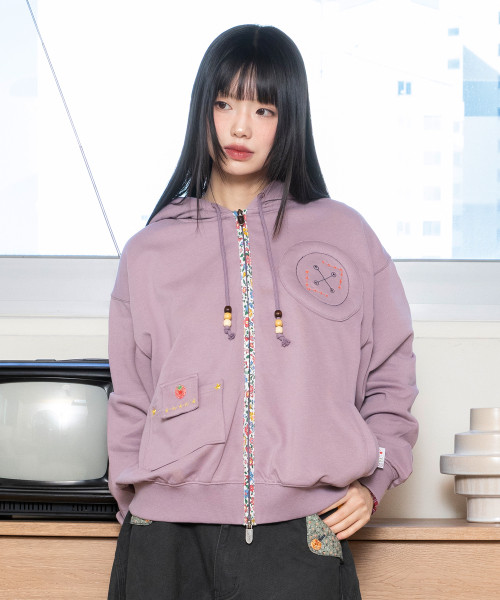 WXJ041 Hibiki Floral Contrast Hooded Zip-Up (фиолетовый)