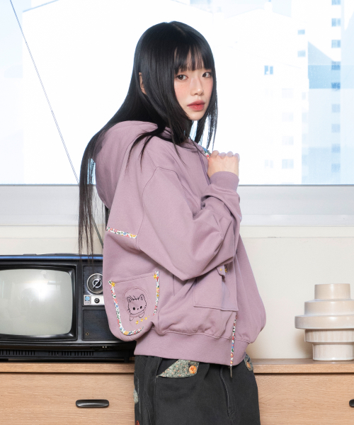 WXJ041 Hibiki Floral Contrast Hooded Zip-Up (фиолетовый)