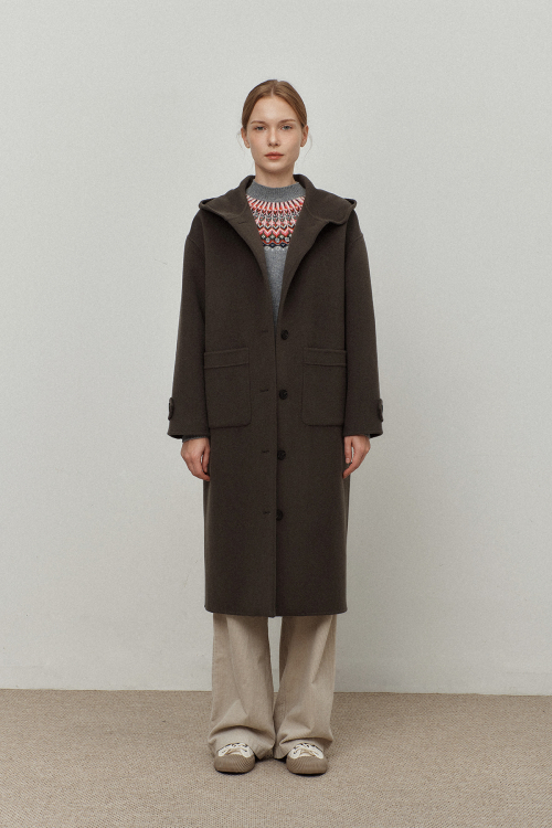 Cashmere hood long coat_Khaki