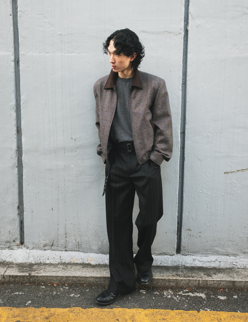 HERRINGBONE BELTED STRAIGHT FLARE TROUSERS BLACK