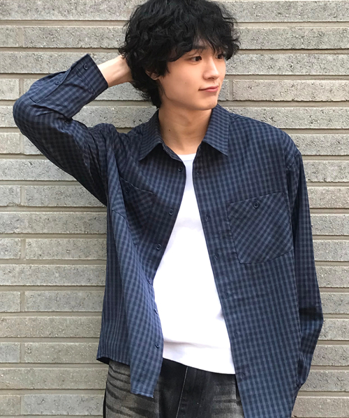 TWO POCKET GRID CHECK CROP SHIRT [NAVY]