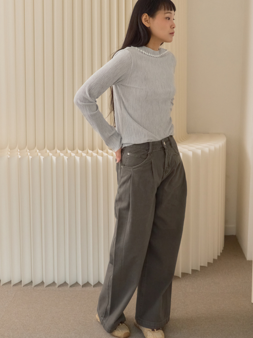 Velvet Crinkle Rib Long Sleeve Top_Gray