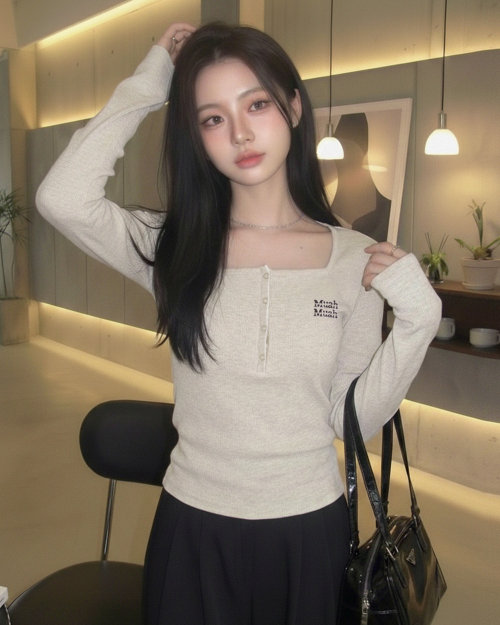 SQUARE HENLEY NECK STITCH T-SHIRT [4color]