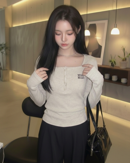 SQUARE HENLEY NECK STITCH T-SHIRT [4color]