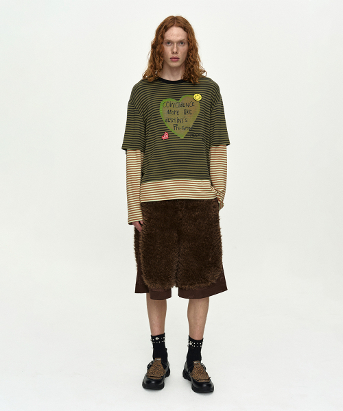 (ESSENTIAL) HEART MESSAGE STRIPE LAYERED L/S T-SHIRT atb1430m(KHAKI)