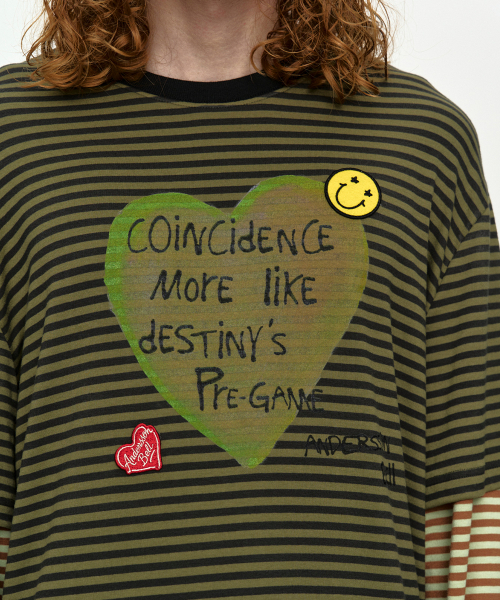 (ESSENTIAL) HEART MESSAGE STRIPE LAYERED L/S T-SHIRT atb1430m(KHAKI)