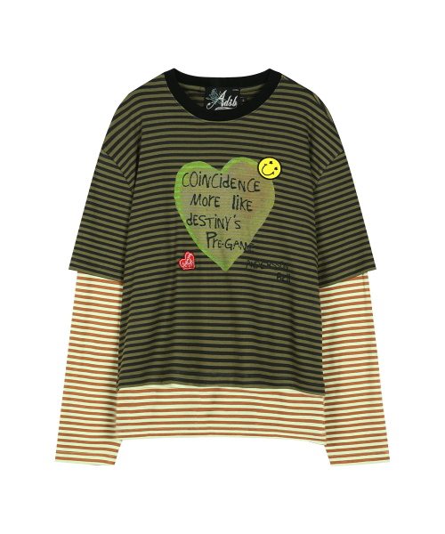 (ESSENTIAL) HEART MESSAGE STRIPE LAYERED L/S T-SHIRT atb1430m(KHAKI)