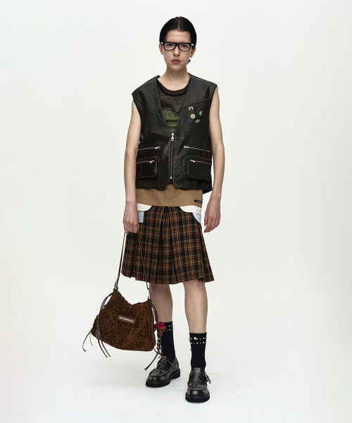 BACK KNIT PATCHWORK LEATHER VEST atb1467u(BROWN)