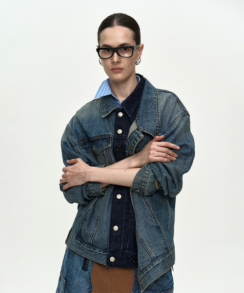 UNISEX ASYMMETRIC LAYERED DENIM JACKET awa747u(BLUE)