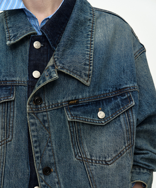 UNISEX ASYMMETRIC LAYERED DENIM JACKET awa747u(BLUE)