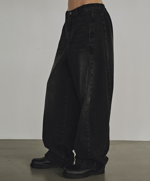 WASHED STRING WIDE DENIM PANTS (чёрный)