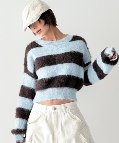 Ворсистый вязаный кроп в полоску Block Stripe (Blue)