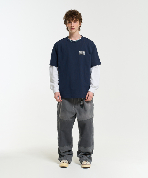 WASHED PATCHWORK PANTS-CHARCOAL