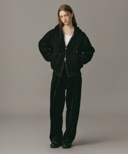 Round Loose-Fit Hood Zip-Up Black