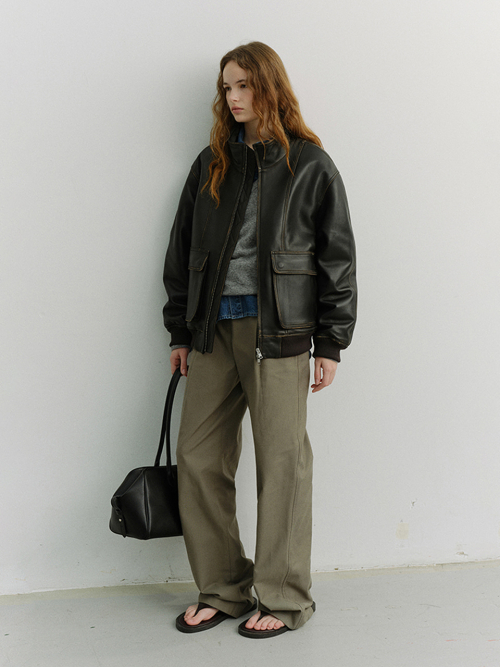 UNISEX STAND COLLARED LEATHER BLOUSON_UDJU6A104_BRUSHED BLACK