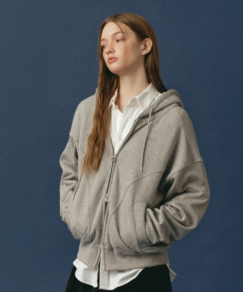 Round Loose-Fit Hood Zip-Up Gray