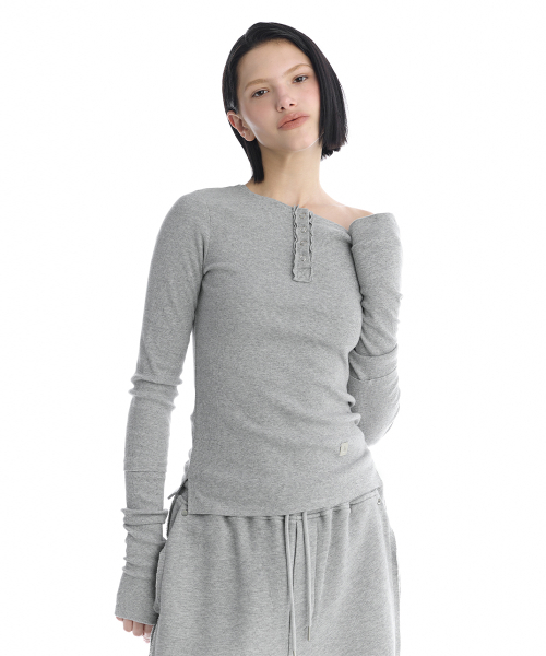 One-Shoulder Henley Neck Long Sleeve [ Melange Gray ]