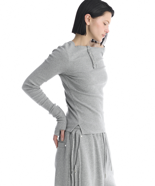 One-Shoulder Henley Neck Long Sleeve [ Melange Gray ]