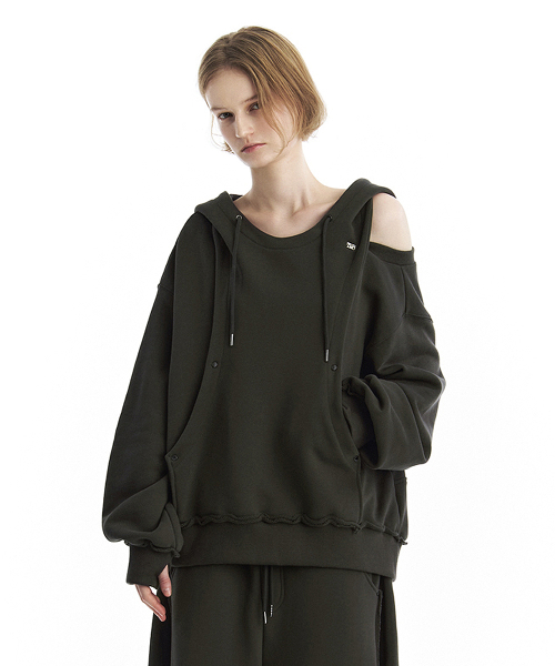 TMB One-Shoulder Raw Cut Set-Up Hoodie [ Khaki ]