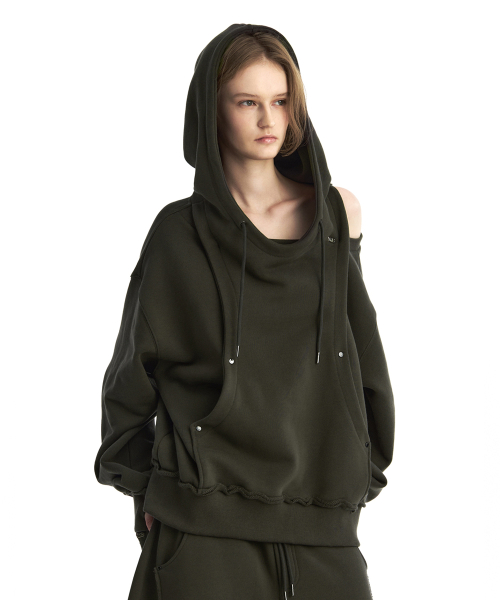 TMB One-Shoulder Raw Cut Set-Up Hoodie [ Khaki ]