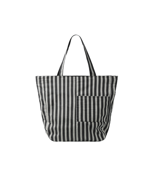 REVERSIBLE STRIPE PACKABLE COTTON BAG - BLACK