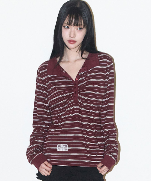 OPEN COLLAR ДЛИННЫЙ SLEEVE ТОП БОРДОВЫЙ