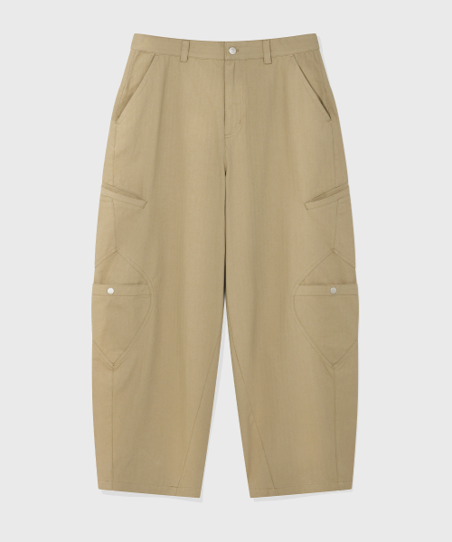 Herringbone Cotton Curved Cargo Pants_Beige