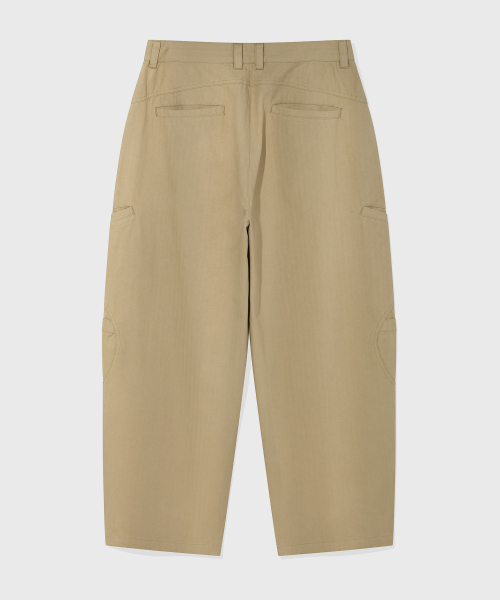 Herringbone Cotton Curved Cargo Pants_Beige