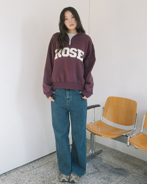 ROSE APLIQUE QUARTER ZIP SWEATSHIRT(WINE)