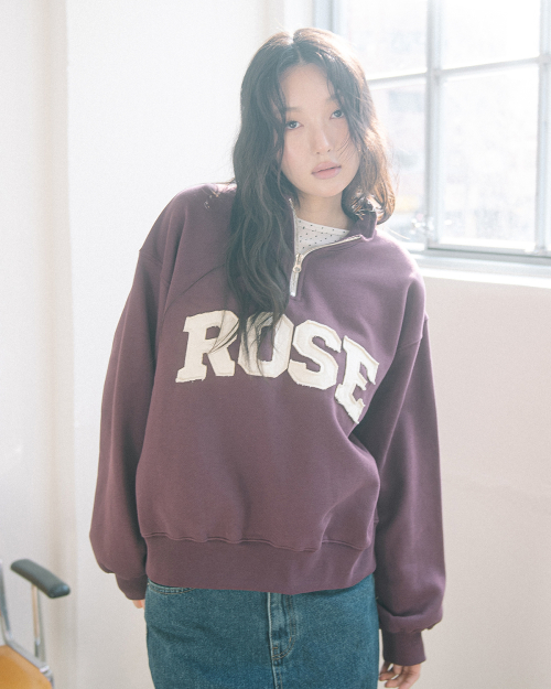 ROSE APLIQUE QUARTER ZIP SWEATSHIRT(WINE)