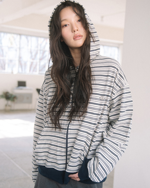WP STRIPE THIN ZIP UP HOOD(NAVY)